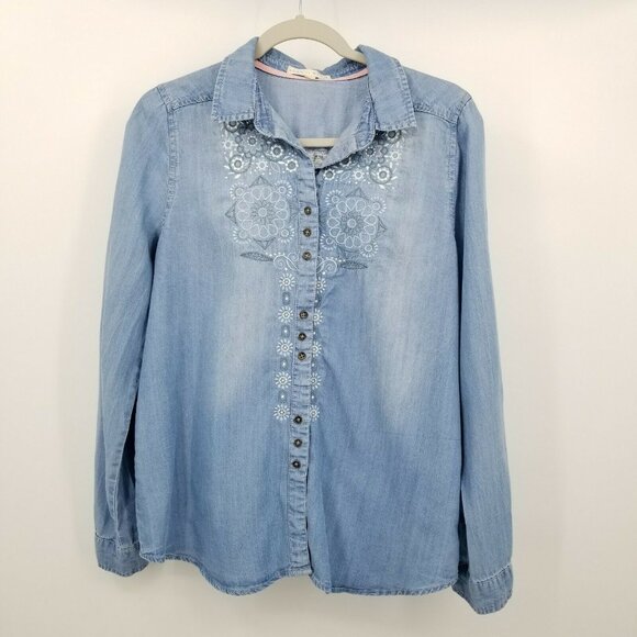 Hint Of Mint Chambray Button Down Front with Lace Inset Back Size M denim & Lace - Picture 6 of 12